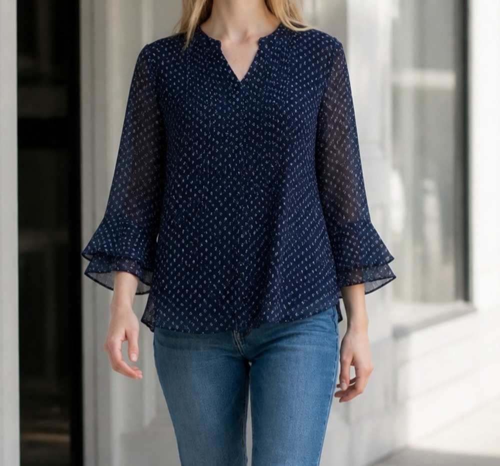 Charter Club Women's 2X Navy Blue Pintuck Bell Sleeve Layered Blouse Top